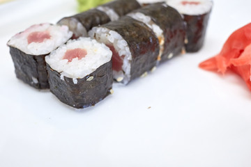 Sushi set. Set of different sushi with seafood. Sushi rolls with different fillings. A dish of traditional Japanese cuisine. Rolls with a variety of seafood. Rolls with oceanic fish and vegetables.