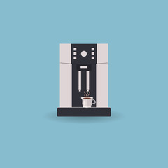 Coffee machine for office and home with cup of hot coffee. Isolated on light blue background.Vector illustration