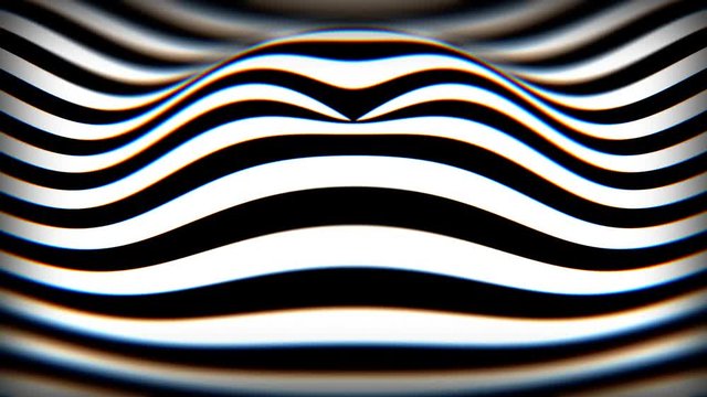 Horizontal black and white stripes on a waving surface. Seamless loop abstract 3D animation with DOF and chromatic aberration.