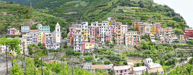 Fototapeta na wymiar panoramic landscape of Manarola village Italy - traditional colorful houses of Cinque Terre villages