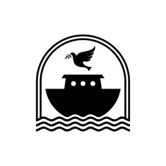 Logo of Noah's Ark. Dove with a branch of olive. Ship to rescue animals and people from the Flood. Biblical illustration.