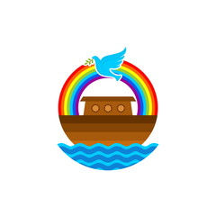 Logo of Noah's Ark. Rainbow - a symbol of the covenant. Dove with a branch of olive. Ship to rescue animals and people from the Flood. Biblical illustration.