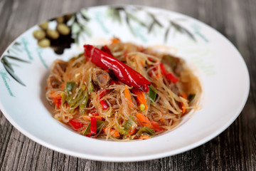 Chinese food , glass noodles with vegetables and spices.Homemade food.