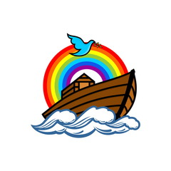 Logo of Noah's Ark. Rainbow - a symbol of the covenant. Dove with a branch of olive. Ship to rescue animals and people from the Flood. Biblical illustration.