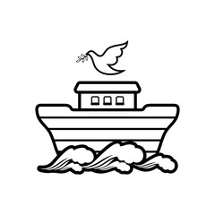 Logo of Noah's Ark. Dove with a branch of olive. Ship to rescue animals and people from the Flood. Biblical illustration.