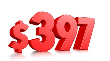 397$ Three hundred and ninety seven price symbol. red text number 3d render with dollar sign on white background