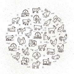 Large circular vector icon set of rural animals in linear style for logos, presentations and the web. Icons are isolated on shabby paper background.