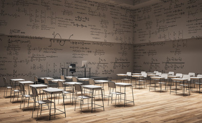 Brown classroom with math formulas