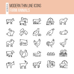 Vector set of farm animals icon set. Collection of illustrations in line style, well-drawn and isolated on white background.