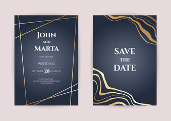 Wedding invitation cards with indigo marble texture background . Design with Luxury Marbling Golden and Geometric shape pattern. Adapt to covers design, brochure, Packaging, Magazine, Poster. eps10 