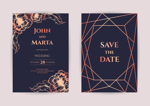Wedding invitation cards with indigo marble texture background . Design with Luxury Marbling Golden and Geometric shape pattern. Adapt to covers design, brochure, Packaging, Magazine, Poster. eps10 