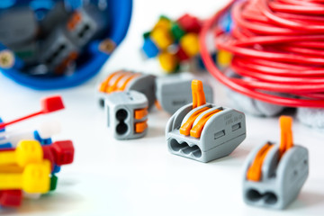 electrician and equipment on white background