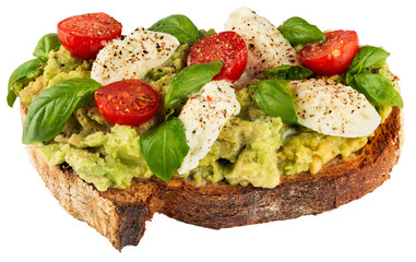 Healthy vegan sandwich with avocado, mozzarella, tomatoes and basil