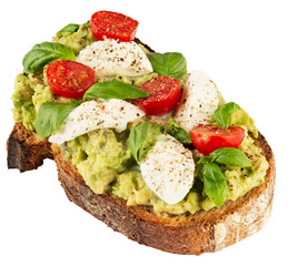 Delicious sandwich with fresh mozzarella, avocado and tomatoes.