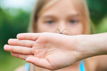 Child girl examining a beetle on her hand © Petr Bonek