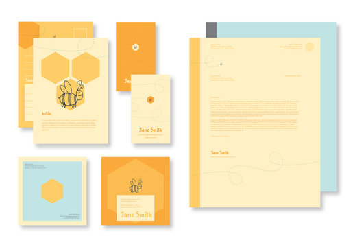 Yellow Brand Collateral Set Layout with Illustrative Bees