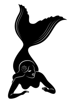 recommend clip art: Silhouette of a mermaid. Beautiful girl is floating in the water. The lady is young and slender. Fantastic image of a fairy tale. Vector illustration.