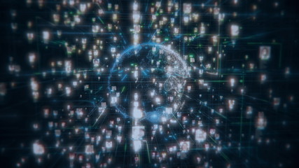 people faces connection at social network in concept footage of big data with a flood of people portraits global linked on the background of the planet earth model, 3d rendering 4K video.
