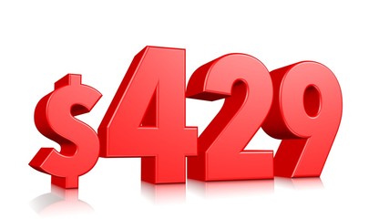 429$ Four hundred and twenty nine price symbol. red text number 3d render with dollar sign on white background