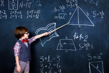 Intelligent smart schoolboy with eye glasses and wooden teacher pointer staying opposite school chalkboard during elementary mathematic lesson at school. Back to school, ready to study concept