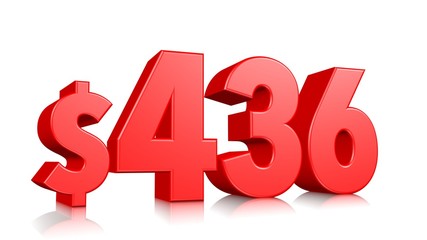 436$ Four hundred thirty six price symbol. red text number 3d render with dollar sign on white background