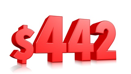 442$ Four hundred and forty two price symbol. red text number 3d render with dollar sign on white background