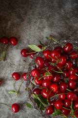 ripe cherry berries on a dark background .the view from the top.