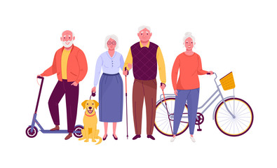 Active senior citizens. Vector illustration of smiling adult men and women with bicycle, electric scooter, dog and nordic walking sticks. Isolated on white. - obrazy, fototapety, plakaty