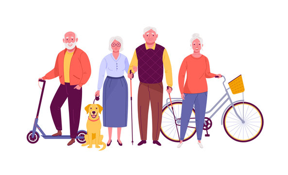 Active senior citizens. Vector illustration of smiling adult men and women with bicycle, electric scooter, dog and nordic walking sticks. Isolated on white.