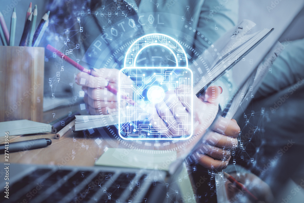 Poster Multi exposure of woman's hands making notes with lock icon. Concept of security and protection of data