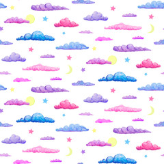 Watercolor seamless pattern of gentle purple pink and blue clouds. pastel clouds with stars crescent and full moon on white backdrop. painting of clouds in cartoon or childish style.Cute textile print