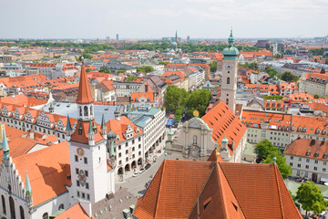 Aerial view of Munich City and Heilig Geist Kirche tower church, Munich, Germany.