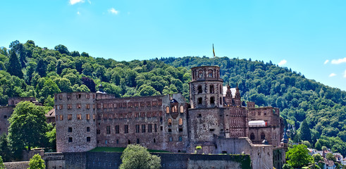 Fototapeta premium Heidelberger Schloss vor dem Wald auf den Bergen