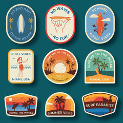 Set of nine beach badges. Hand drawn palm trees and beach elements in retro style. Summer labels, badges and icons - obrazy, fototapety, plakaty