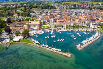Aerial view of Morges castle in the border of the Leman Lake in  Switzerland
