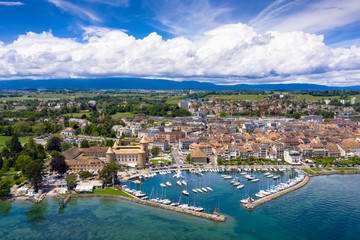 Fototapeta na wymiar Aerial view of Morges castle in the border of the Leman Lake in Switzerland