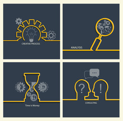 Set of business concepts - creative process,support, time is money and consulting, infographic for your design. Vector illustration.