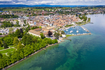 Fototapeta na wymiar Aerial view of Morges castle in the border of the Leman Lake in Switzerland