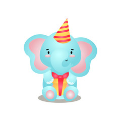 Cute blue elephant is ready for birthday with gift box