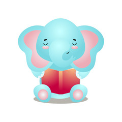 Funny blue elephant is reading an interesting red book