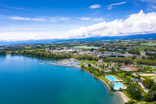 Aerial view of Morges city waterfront in the border of the Leman Lake in  Switzerland