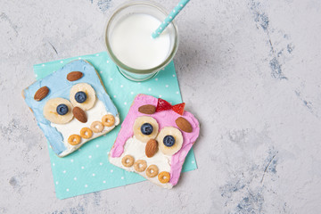 Owl toasts with colored spreads, food for kids idea, top view