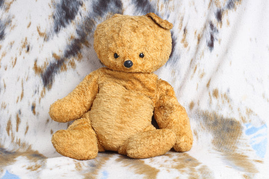 Old teddy bear on color blanket
