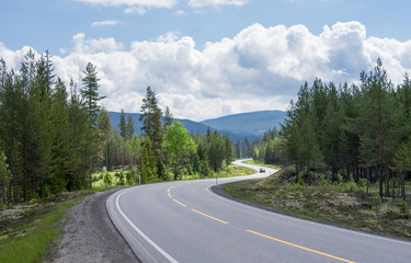 Curvy highway between Oslo and Trondheim in Norway. Bright summer day and empty road between the forest and under cloudy sky. European route E6, the main north-south 3088 km long road through Norway.