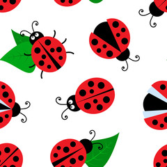 Summer seamless pattern with ladybugs and leaves isolated on white background. Vector illustration