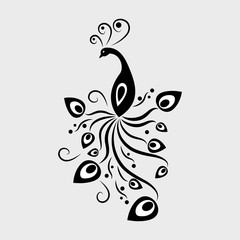 Black and white peacock icon. Vector illustration