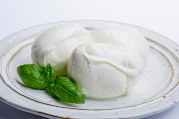 Italian soft cheese mozzarella, white cheese made from cow or buffalo milk with fresh green basil herb