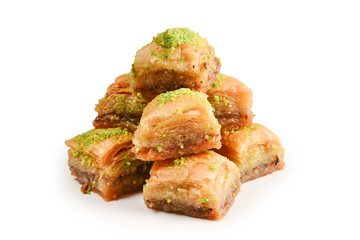 Pistachio baklava on a white background. Dessert.