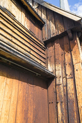 Detail of the Kvikne Stave Church, a cruciform church dating from 1764 in the municipality of Nord-Fron in Oppland county, Norway. Medieval technical solutions. Wooden tarry wall.