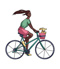 Obraz premium Vector illustration of a girl riding a bicycle. Happy beautiful female character isolated on white background.